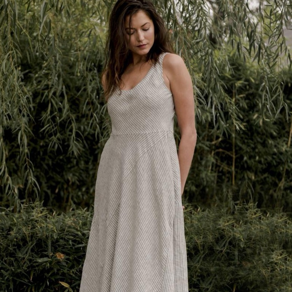 ROSSO35 Made in Italy 100% Linen Striped Maxi Dress Sage